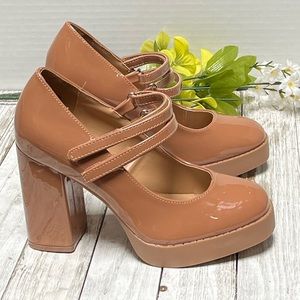 New Tan Patent Mary Jane Platform Chunky Heel Pumps